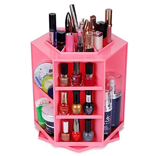 Kasla 360 Rotating Adjustable Spinning Large Capacity Makeup Organizer, Shelf Countertop Cosmetics Organizer Box 32x27.5cm (Pink)