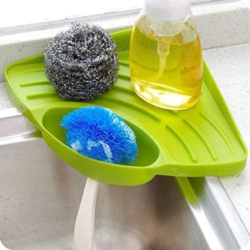 FreshDcart Kitchen Soap Stand for Sink with Tray – Compact Plastic Kitchen Soap Stand for Sink, Corner Storage Rack for Sponge, Scrubber & Dish Soap (Green, Pack of 1)