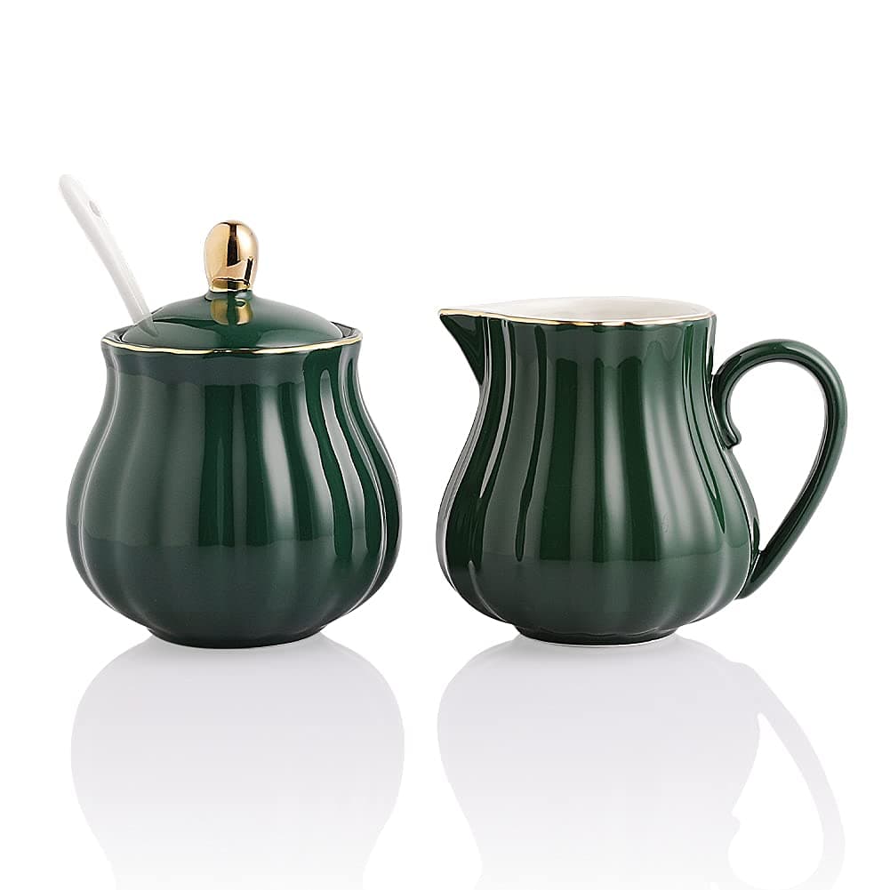 Sweejar Royal Ceramic Sugar and Creamer Set, 3 Piece Set with Cream Pitcher, Sugar Bowl, Sugar Set with Lid & Spoon, Coffee Serving Set Wedding Gift (Jade)