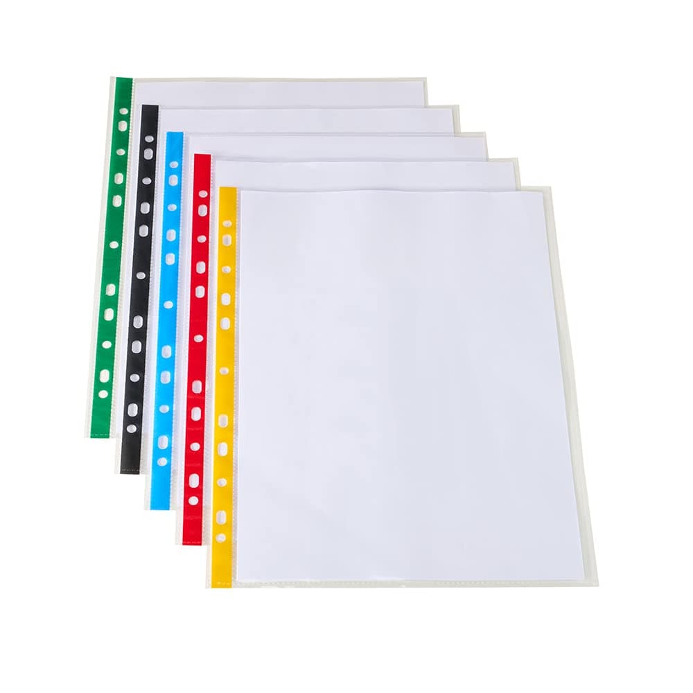 SUMMIT 100 Multi-Colour Punched Poly Pockets A4, Extra Durable Plastic Wallets, 50 Micron