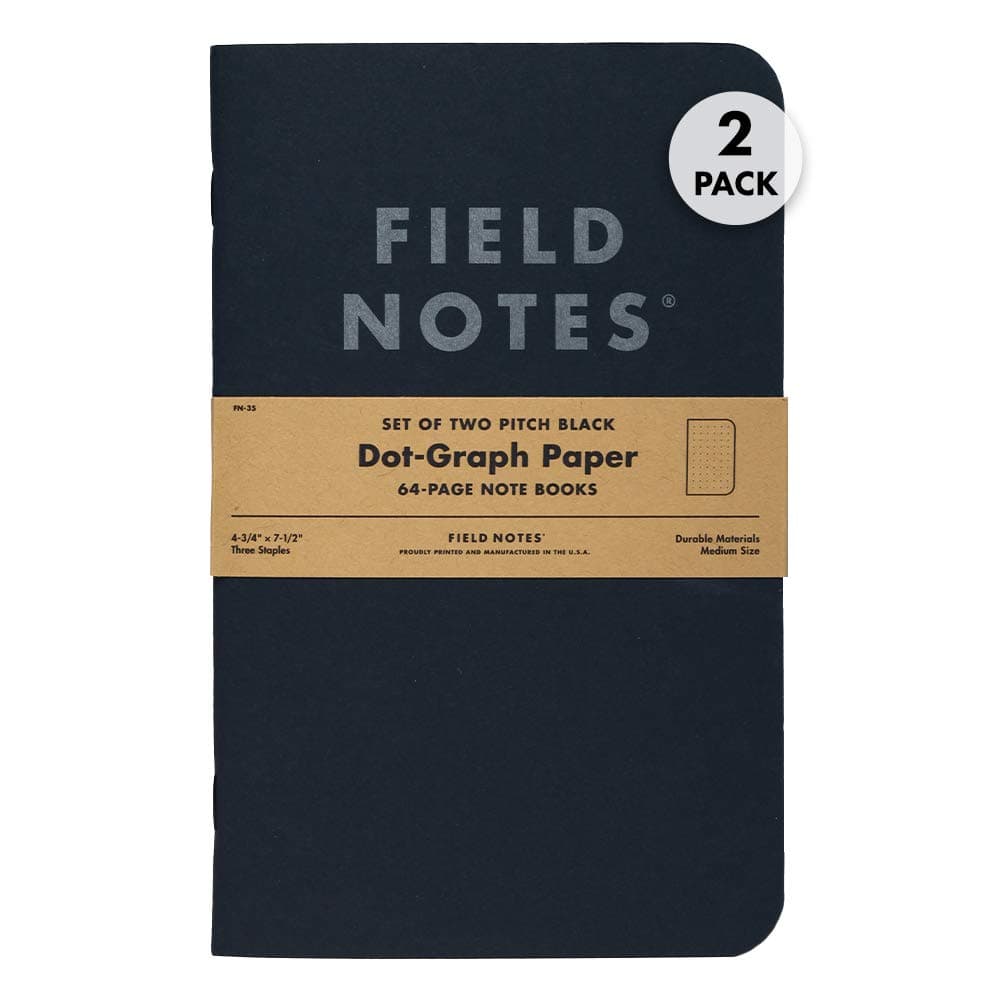 Field Notes 2-Pack Pitch Black Notebooks (4.75" X 7.5"), Dot-graph, 64 Pages | Thin Pocket Sized EDC Notebook With 90 GSM Paper & Paperback Cover | Work Notebooks For Note Taking | Made in the USA
