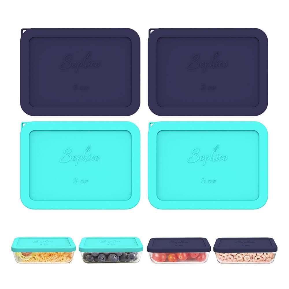 Sophico 3 Cup Rectangle Silicone Storage Cover Lids Replacement for Pyrex 7210-PC Glass Bowls, Container not Included (NAVY BLUE - MINT, 4 Pack)