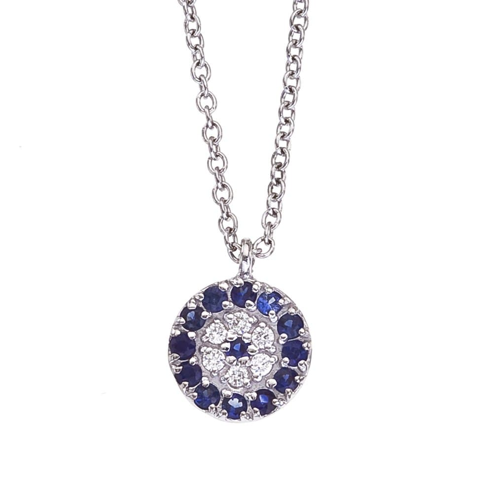 14k White gold mini Evil Eye pendant with White diamonds and Blue Sapphires