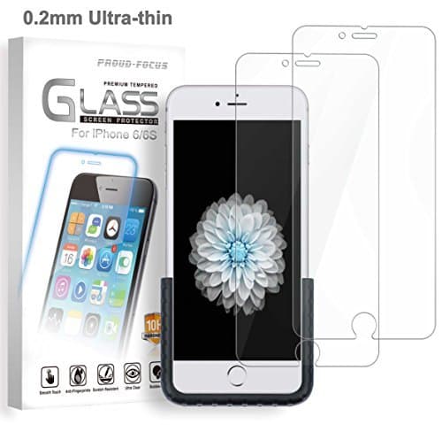 iPhone 6S 6 Tempered Glass Screen Protector for Apple iPhone 6S 6, 0.2mm Ultra-Thin (Twice Tempered), Super Strong 10H Hardness, Easy-Applied Fixture, Bubble Free, Proud-Focus Screen Protector 2-Pack