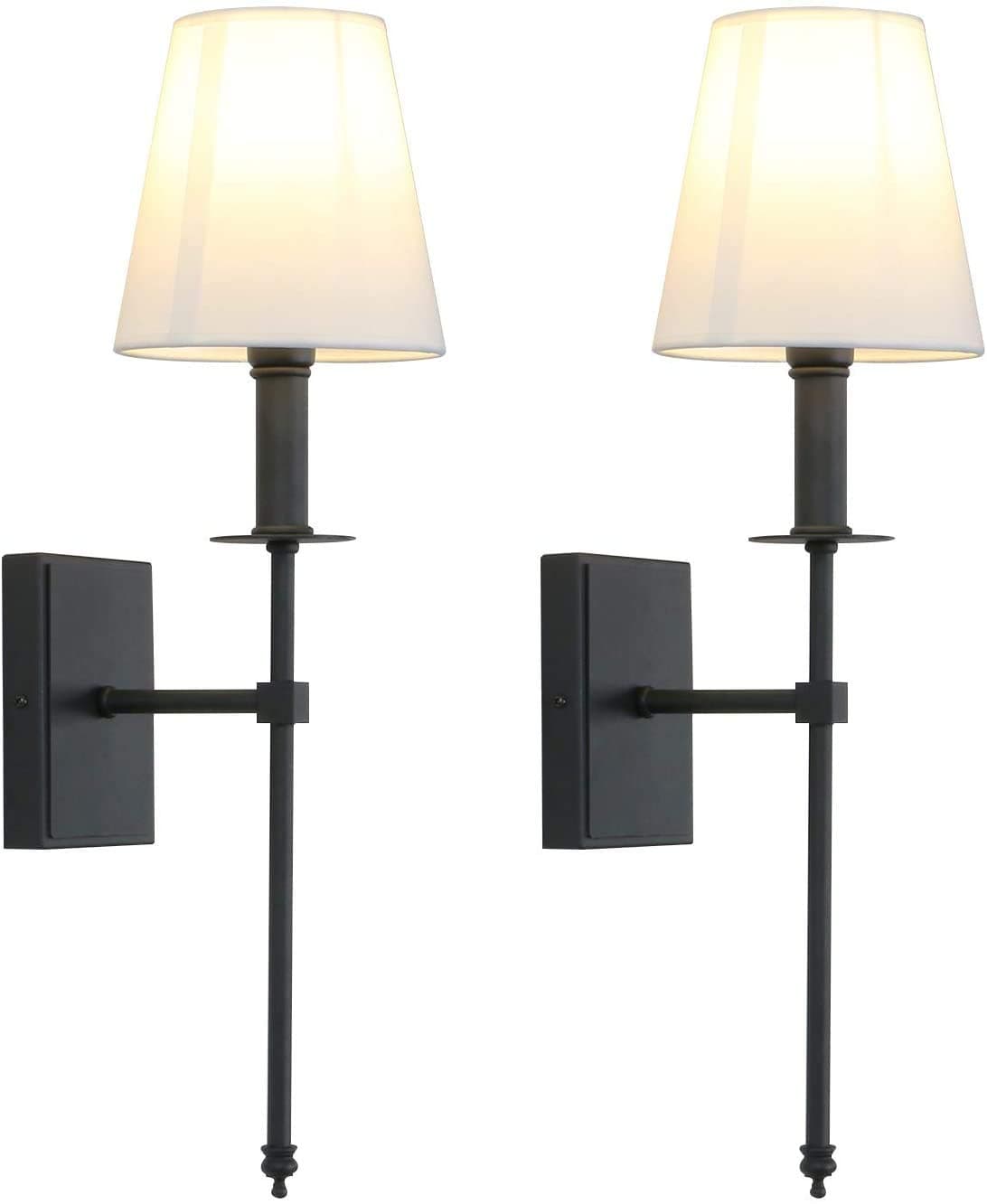 Set of 2 Classic Rustic Industrial Wall Sconce Lighting Fixture with Flared White Textile Lamp Shade and Black Tapered Column Stand