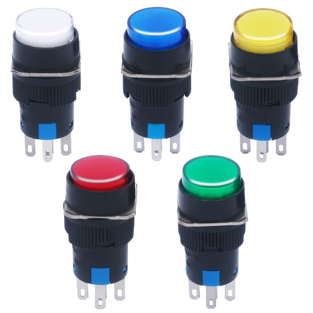 mxuteuk 5pcs 16mm DC12V Momentary LED Push Button Switch Round Cap 1 NO 1 NC SPDT ON/Off Switch with Lamp 5 Color Light CB16AY-11D-DC12V