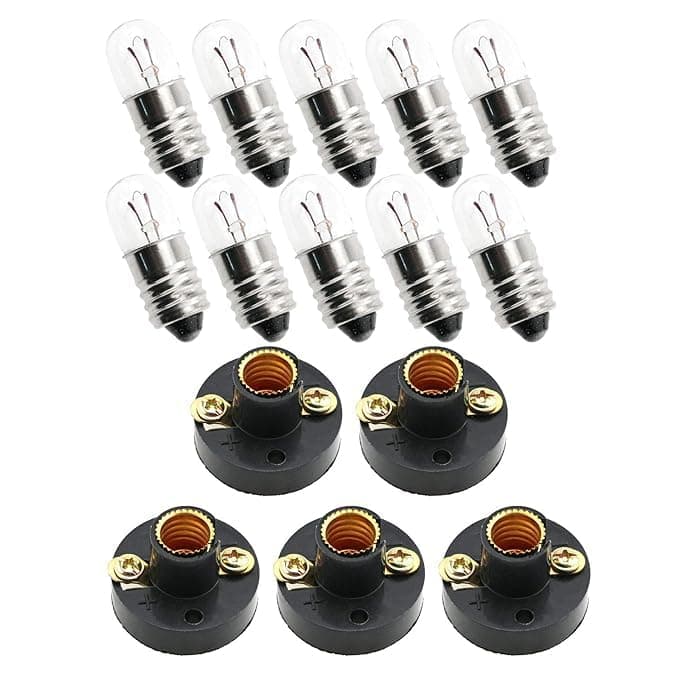 SP Electron Pack of 10 Pcs Student Experiment Lighting DIY Accessories 6.3V 0.15A Screw Mini Bulb and 5PCS E10 Mini Black Plastic Pure Brass Screw Type Bulb Holders Lamp Bases