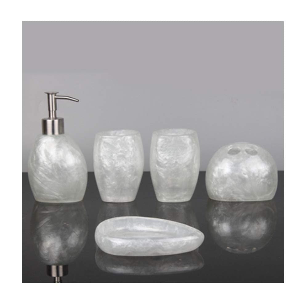Modern Style Bathroom Accessories Set Resin Bath Ensemble Includes Toothbrush Holder, 2 Tumblers, Liquid Soap Dispenser, Soap Dish, Snowy Pearl White,Without Tray