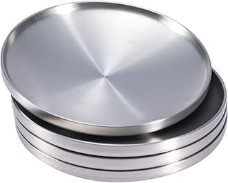 Sumerflos 304 Stainless Steel Dessert Appetizer Plates, 6.7" Double-Layer Round Lunch Plates, Small Serving Camping Salad Plate for Outdoor Camping, Snack and BBQ - Set of 4