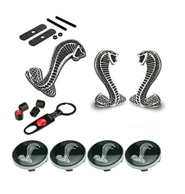 BENZEE 11pcs Set AM120 Cobra Front Grille Silver + Back Car Emblem Badge Sticker + Wheel Hub Caps + Tire Valve Caps For Ford Mustang Shelby Cobra