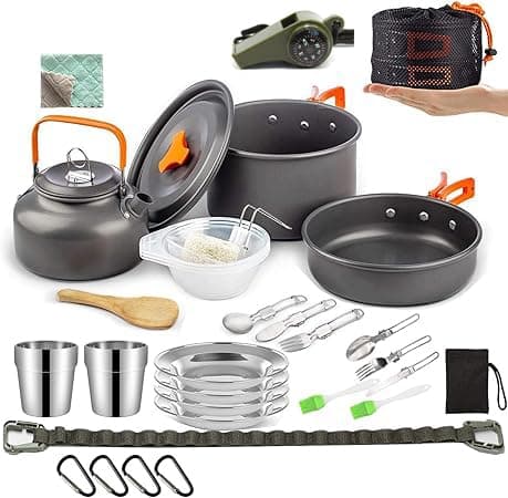 IS MUHE 29pcs Camping Cookware Mess Kit - Non-Stick Pot and Pan Kettle Set with Stainless Steel Cups Plates Forks Knives Spoons, Camping Cooking Set for Camping, Outdoor Cooking and Picnic