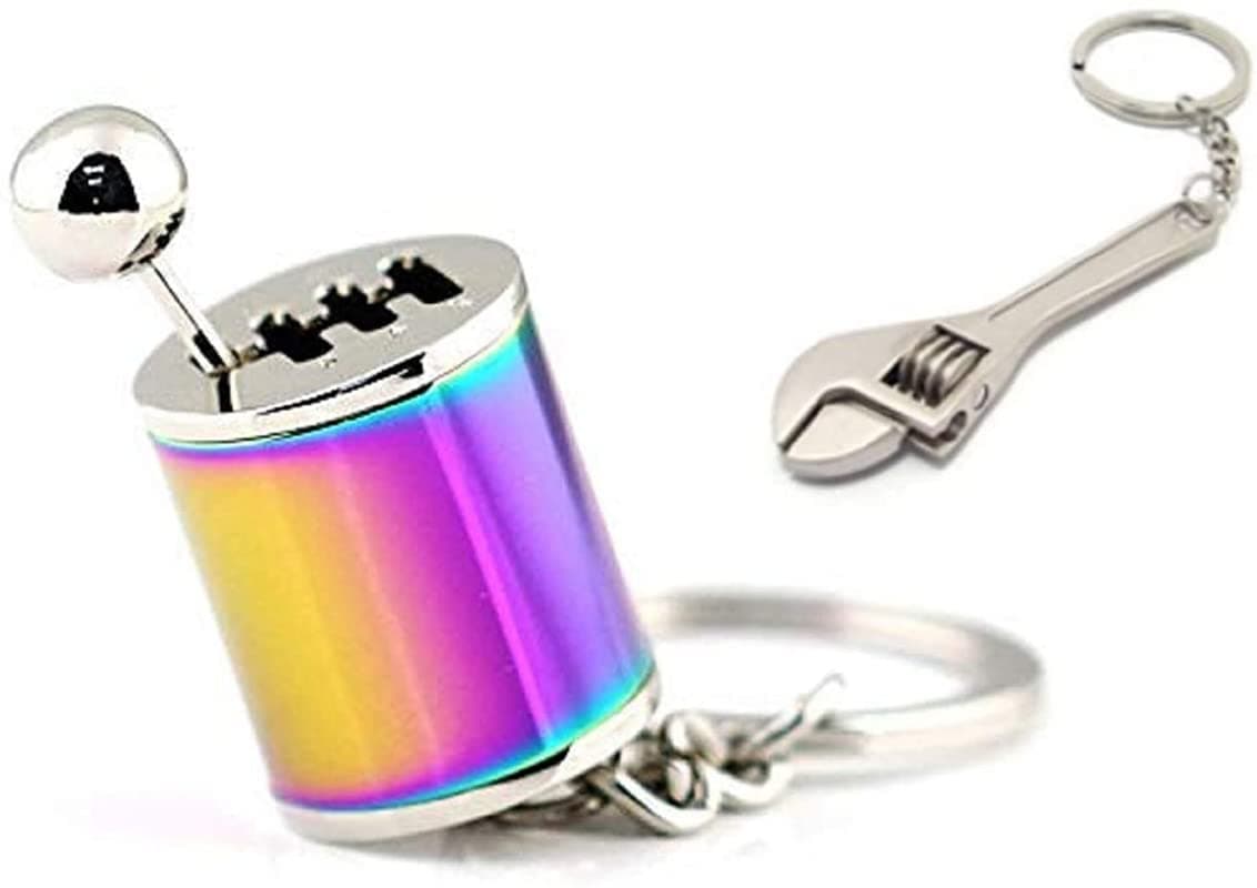 6Speed Creative Auto Part Model Gear Box Keychain Chrome Six-speed Manual Transmission Shift Lever Keyring Key Chain Turbo Car Gear Shift Stick Knob Keyfob - (Neon + mini wrench)
