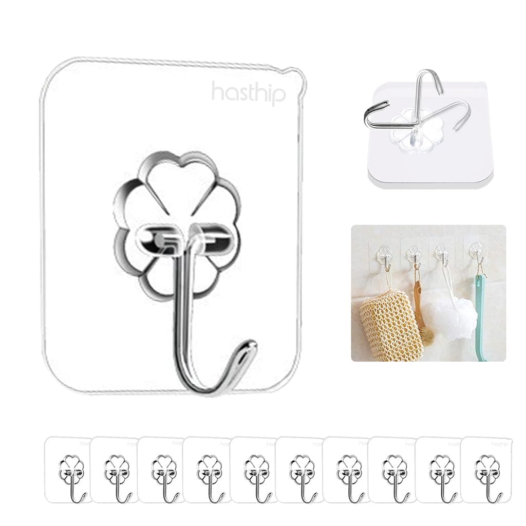 HASTHIP® Hooks for Wall Without Drilling, Waterproof Stick on Adhesive Stronger Plastic Wall Hooks Hangers for Hanging Robe, Coat, Towel, Keys, Bags, Lights, Calendars - Pack of 10, Transparent