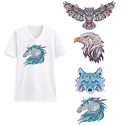 Fox Iron On Patches for Clothing - 4 Pcs DIY Eagle Heat Transfer Vinyl Patch Stickers for Kids T Shirts. Cool Owl Horse Animal Design for Theme Party