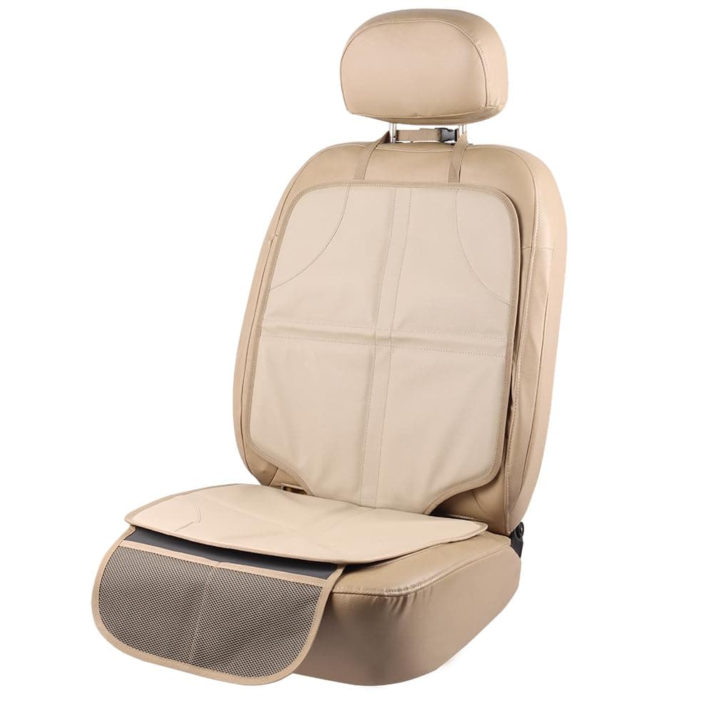 Leather Car Seat Protector for Booster Durable Waterproof Protector Mat Large Auto Seat Cover with Storage Pocket for Child Toddler Safety Seat Baby Basket (beige)