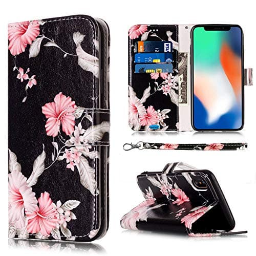 JanCalm Compatible with iPhone X Case/iPhone Xs Case, Floral Pattern Premium PU Leather Wallet - Wrist Strap Card/Cash Slots Stand Flip Cases Cover for iPhone X/XS (Black/Flower)