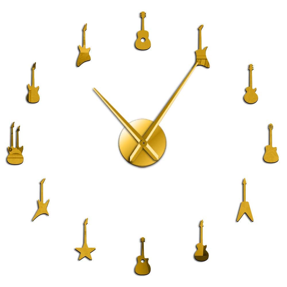 XIXIGZ Wall Clock,Modern Mute DIY Frameless Wall Clock Creative Guitar Variety Music Large 3D DIY Mirror Surface Big Watches for Home Office Decorations, Gold,47 Inch