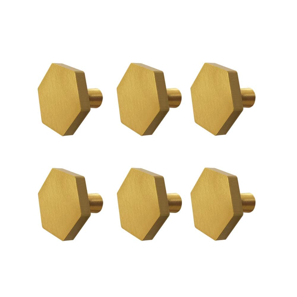 6-Pack 30mm(1.2") Solid Brass Knob Simple Chamfered Hexagon Kitchen or Furniture Cabinet Hardware Drawer Handle Knob, Brushed Brass (1.2" Hexagon)
