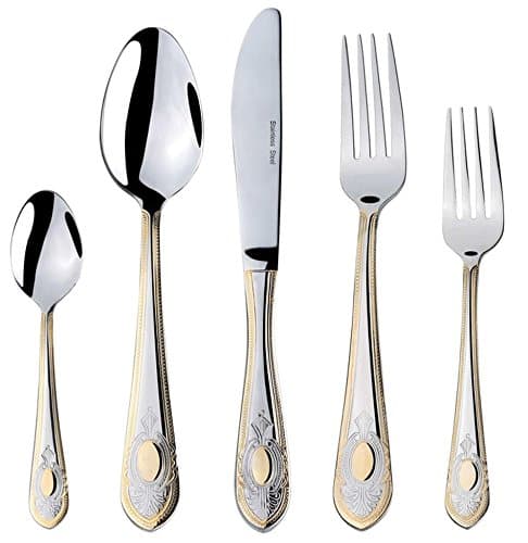 Venezia Collection 'Medallion' 40-Pcs. Fine Flatware Set, Silverware Cutlery Dining Service for 8, Premium 18/10 Surgical Stainless Steel, 24K Gold-Plated Trim