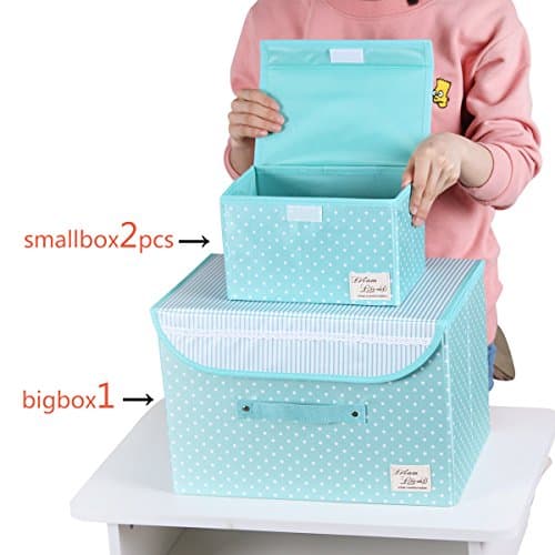 HOMESGU 3 Set Folding Closet Storage Box,One Large and Two Small Storage Bins with Lids and Handles for Comforters,Blankets,Shirts,Clothes,Magazines (Dot Blue)