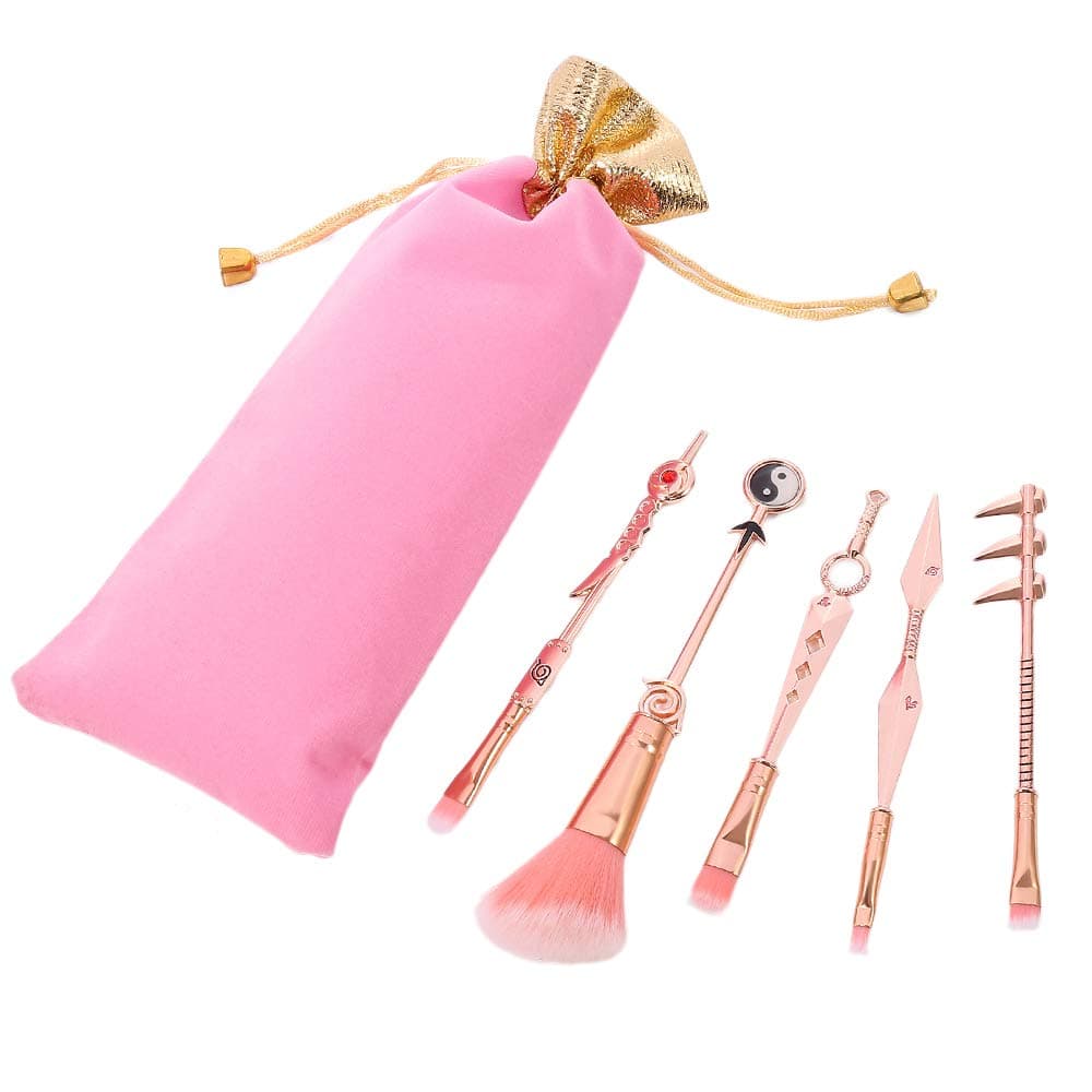 (Naruto Brushes) - 5pcs Naruto Makeup Brushes Set with Metal Handle Velvet Gift Pouch - Professional Anime Peripheral Naruto Cosplay Gift Makeup Brush Set For Women Girls (Rose Pink)