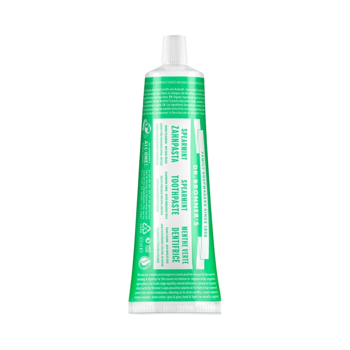 Dr Bronner's All One Spearmint Toothpaste, Made with Organic, Fluoride-Free Ingredients with No Artifical Colours, Flavours, Preservatives or Sweeteners, Vegan Friendly, 105ml Tube