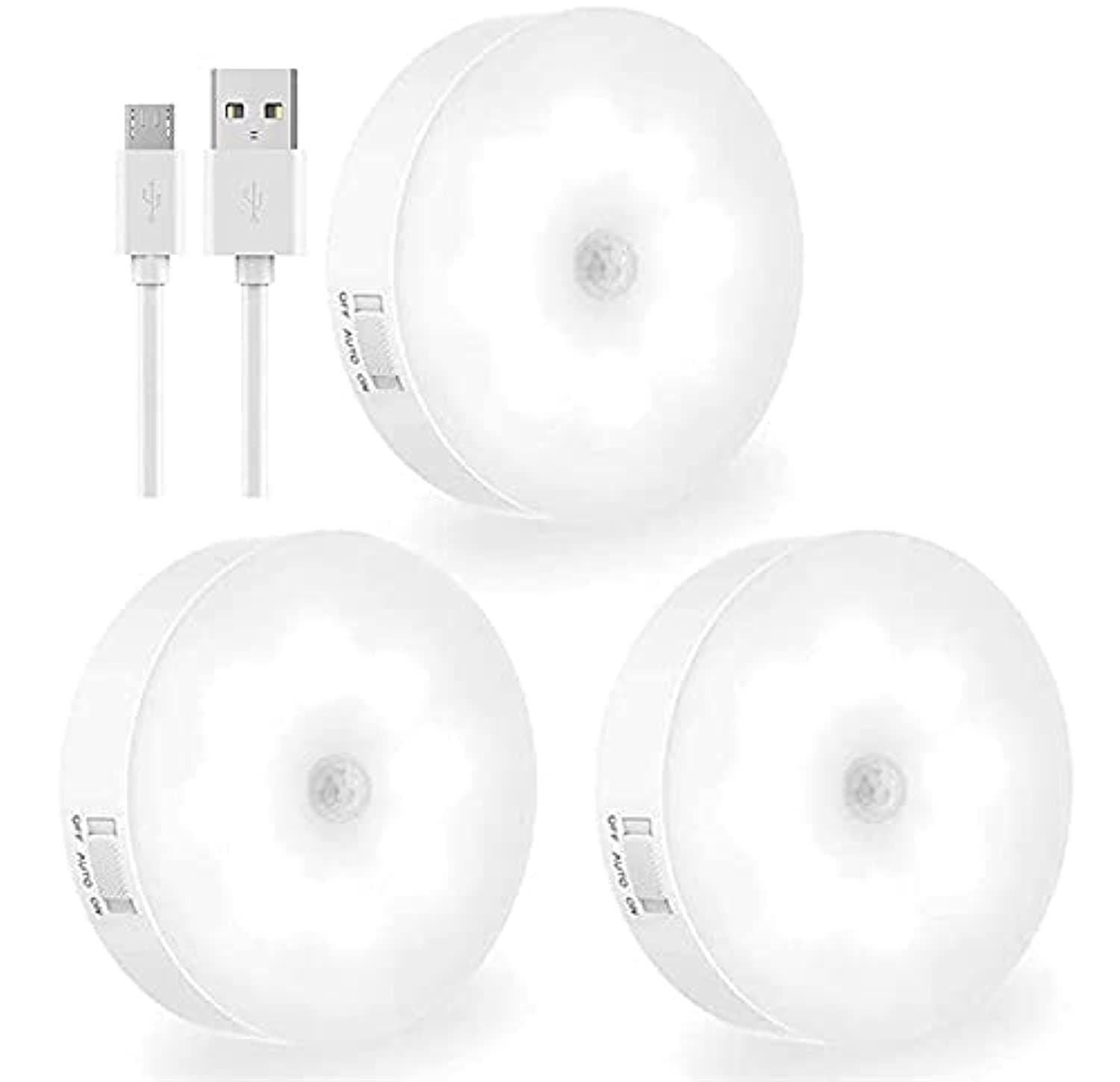 N//A3 Packs Motion Sensor Light, USB Rechargeable LED Night Lights,Stick-Anywhere Hallway Closet Stairs Bathroom Bedroom Kitchen Wireless Lighting (White)