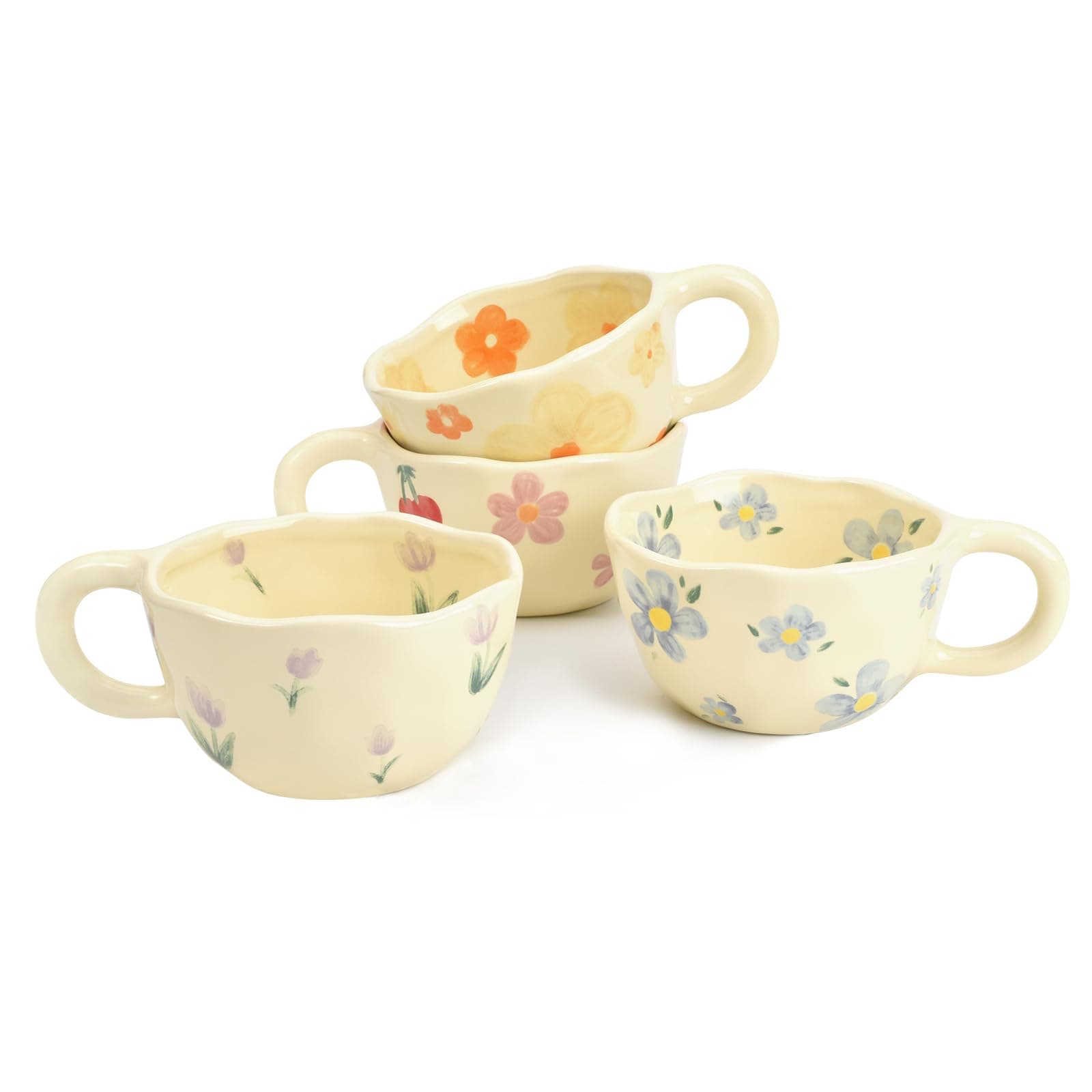 Koythin 4-Piece Ceramic Coffee Mugs, Creative Flower Mug for Office and Home, 8.5 oz/250 ml for Latte Tea Milk (Blue Flower, Orange Flower, Pink Cherry, Purple Tulip), KH0119