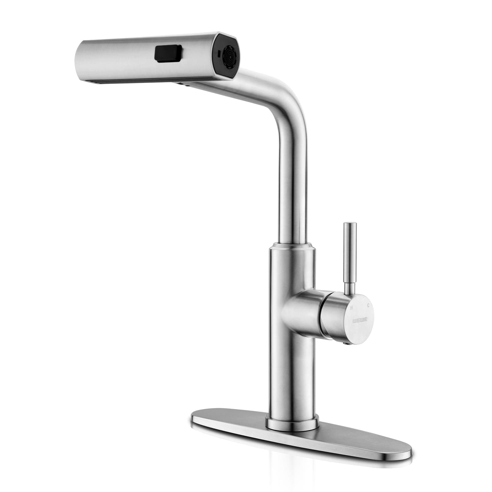WEWE Waterfall Kitchen Faucet with Pull Down Sprayer, 3 Modes(Sweep/Stream/Waterfall) Rotary Switch Mode Stainless Steel Kitchen Sink Faucet Single Lever Handle Brushed Nickel Sink Fuacet