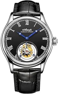 Men Mechanical Tourbillon Watches Hand Wind Sapphire Stainless Steel Skeleton Wrist Watches 50M Waterproof Luxury Business Watch with Genuine Leather Strap