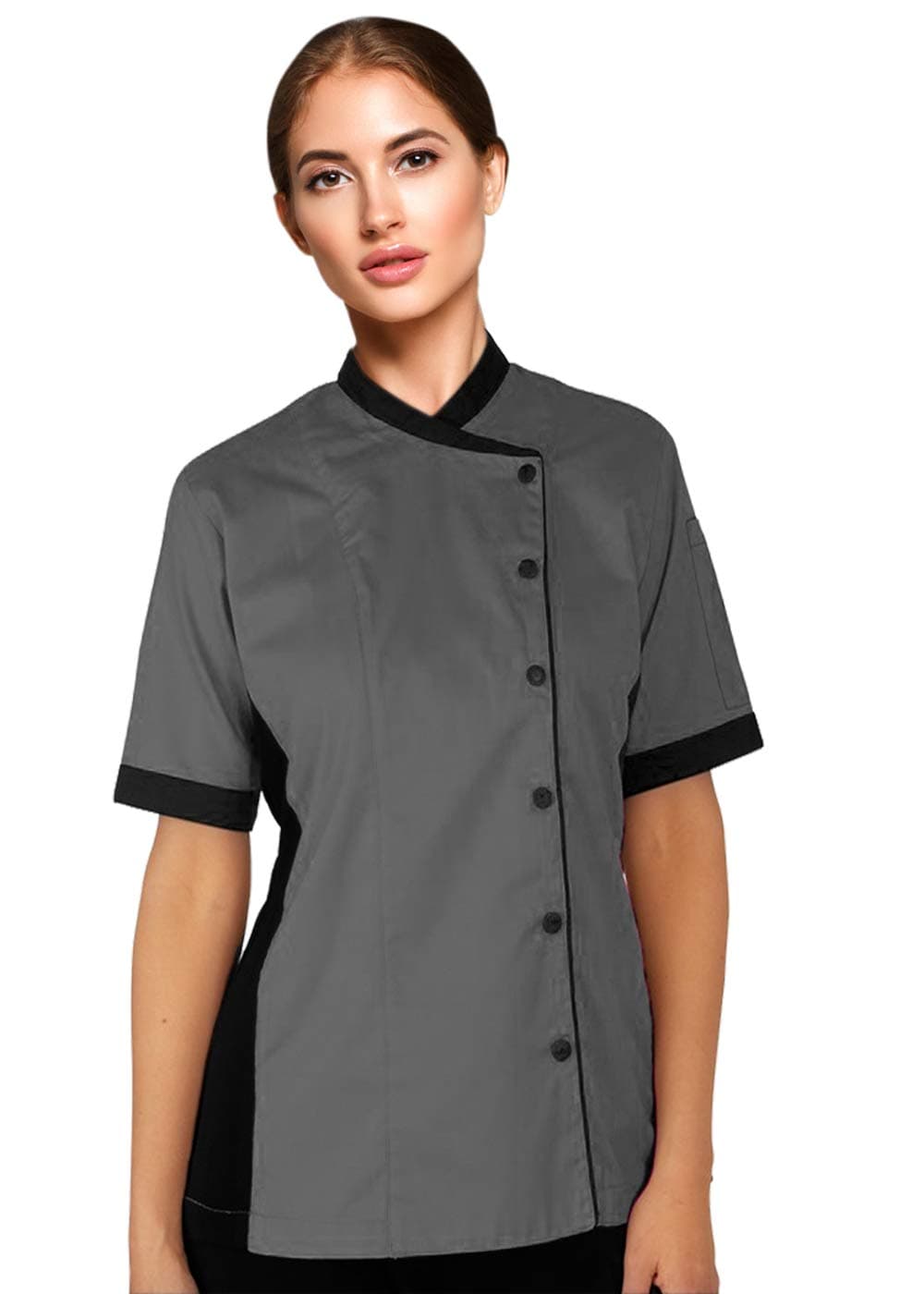 Short Sleeves Women's Ladies Side Mesh Panel Chef Coat By Uniformates (Grey, XL (For Bust 40-41))
