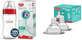 LuvLap Natura Flo Wide Neck Glass Feeding Bottle, 150ml & Luvlap Anti-Colic Natura Flo Teat/Nipple for Wide Neck Bottle, 2pcs, Medium Flow, 3m+