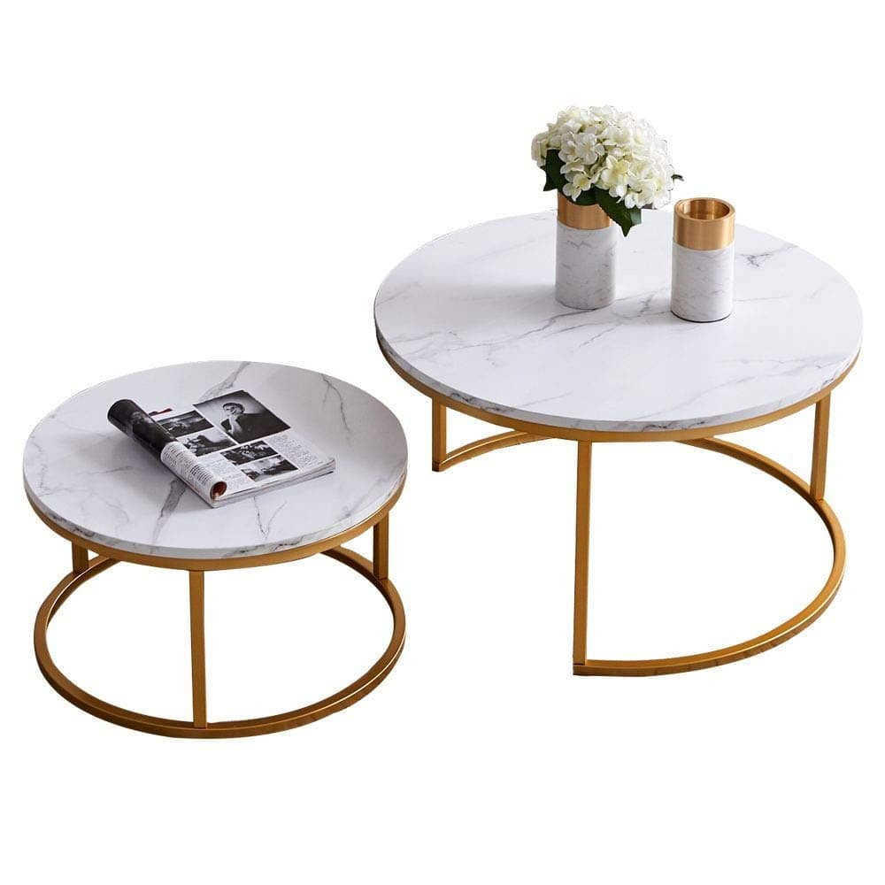 UNIE Modern Nesting Coffee Table Set of 2, Round Accent Coffee Table with Faux Marble Wood Top & Gold Metal Frame for Living Room, Office, Balcony, Gold&white, (ORW24714369-6767-1737164331)