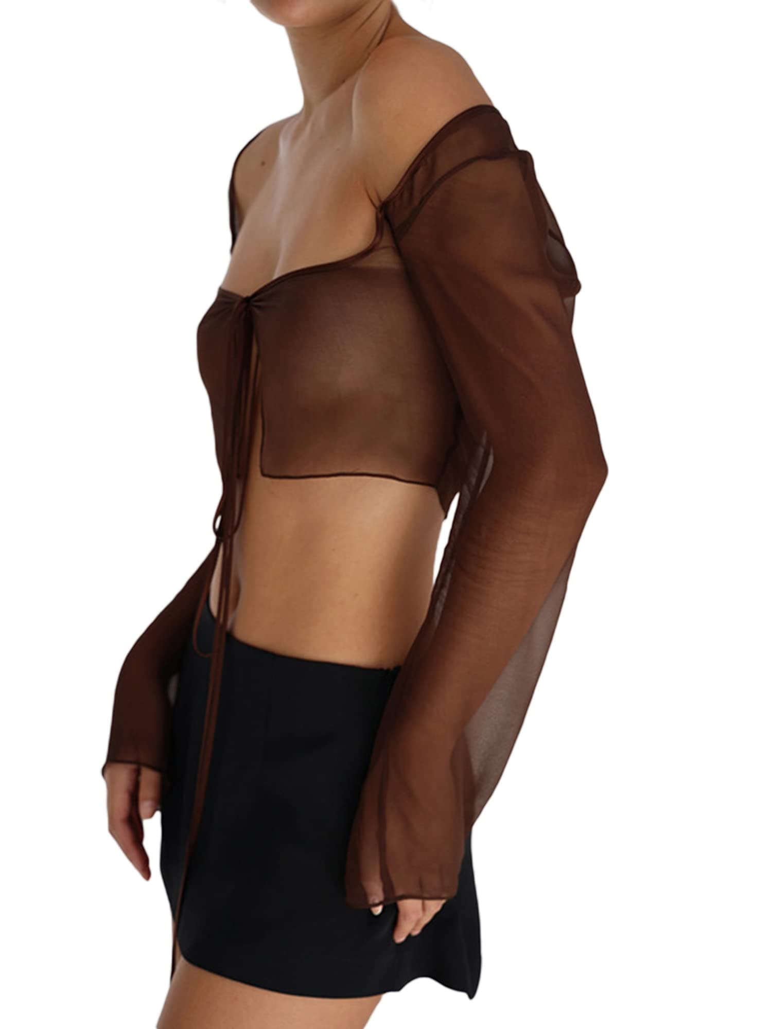 AchlibeWomen's Mesh Sheer Crop Tops Long Sleeve Solid Color Tie-Up Cardigan T-Shirt Cover-Ups Tees Clubwear