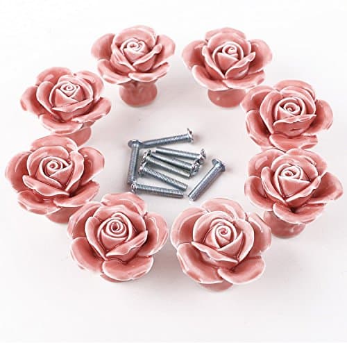 TILAN Rose Ceramic Cabinet Knobs,drawer Pulls & Handles,vintage Ceramic Rose Knobs for Dresser, Drawers, Kitchen Cabinets & Vanity (pink, pack 8)