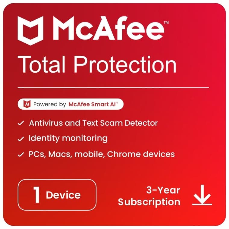 McAfee Total Protection 2022 | 1 Device, 3 Year | Antivirus Internet Security Software | Password Manager & Dark Web Monitoring Included | PC/Mac/Android/iOS | Email Delivery