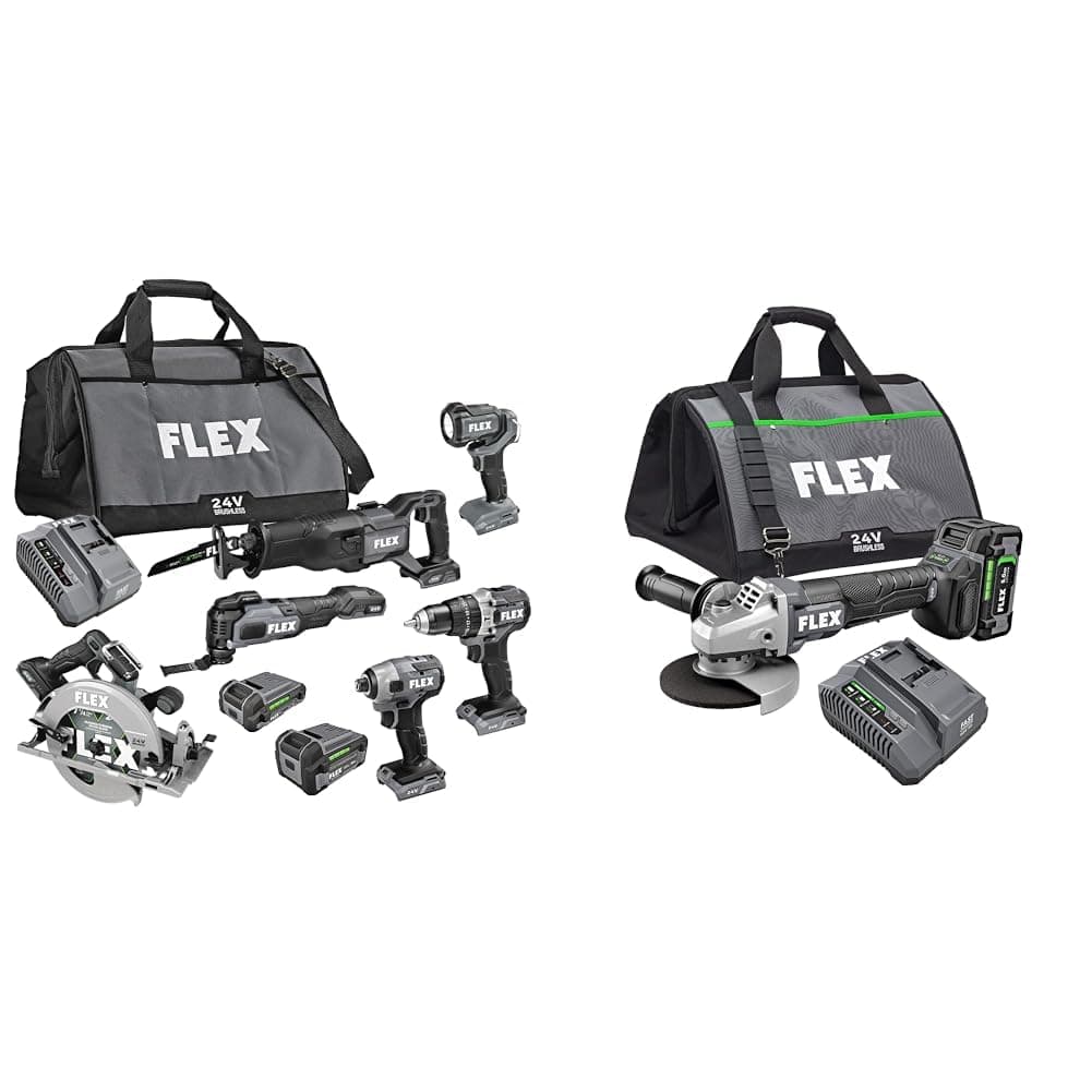FLEX 24V 6-Tool Combo Kit with Hammer Drill, Impact Driver, Circular Saw, Multi-Tool, Reciprocating Saw, Work Light plus 5" Angle Grinder with 2 Batteries, Charger