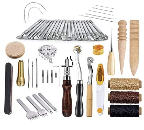 Kendray Leather Craft DIY Hand Tools Kit 59 Pieces Stamping Set Saddle Making with Groover Awl Pressure Cloth Tooth Tool Waxed Thread Needles Prong Punch Scissors Wood Burnisher