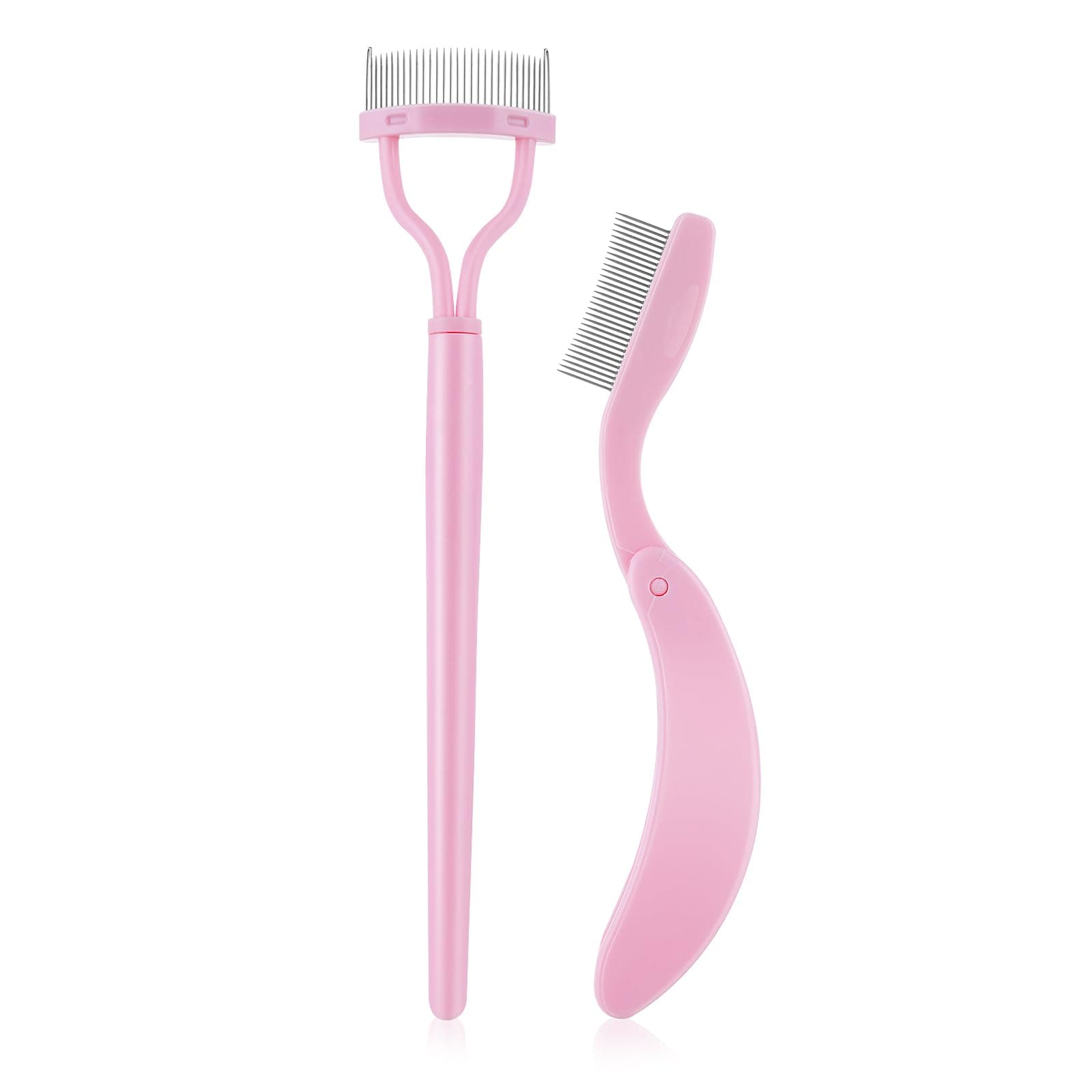 2pcs Eyelash Combs, Metal Teeth Eyebrow Comb Arc Shaped Professional Eyelashes Mascara Separator Tool Applicator Cosmetic Brushes with Comb Cover for Define Lash Brow, Pink