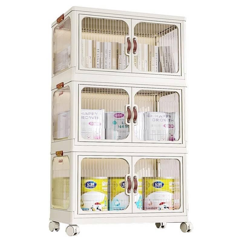 MOMENT 3 Layer Storage Cabinet with Doors, Stackable Plastic Storage Bins with Lid and Wheels, Durable and Spacious Multi-Purpose Cabinet for Home, Office, or Kitchen (White, 53x32x88cm)