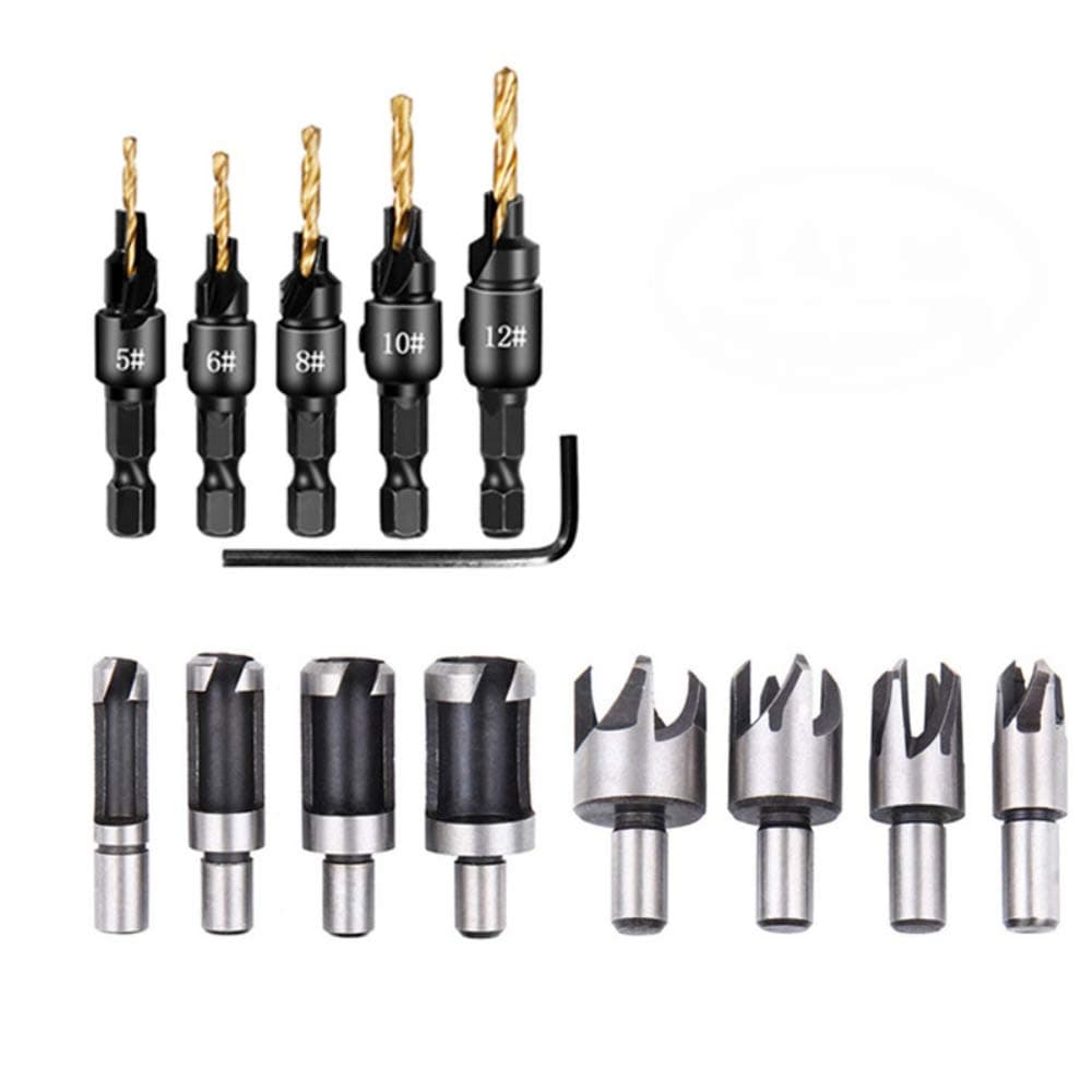 A-XINTONG 13-Pack Woodworking Countersink Drill Bit Set,5PCS #5#6#8#10#12 Chamfer Drills, Flute HSS Drill Bit Set,8PCS Wood Plug Cutting,Straight and Tapered 5/8" 1/2" 3/8" 1/4" Hole Saw Arbors