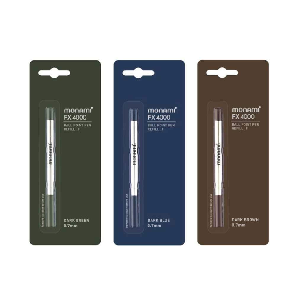 Monami FX-4000 3-Pack Ballpoint Pen Refills - 0.7mm Dark Green, Dark Blue, Brown