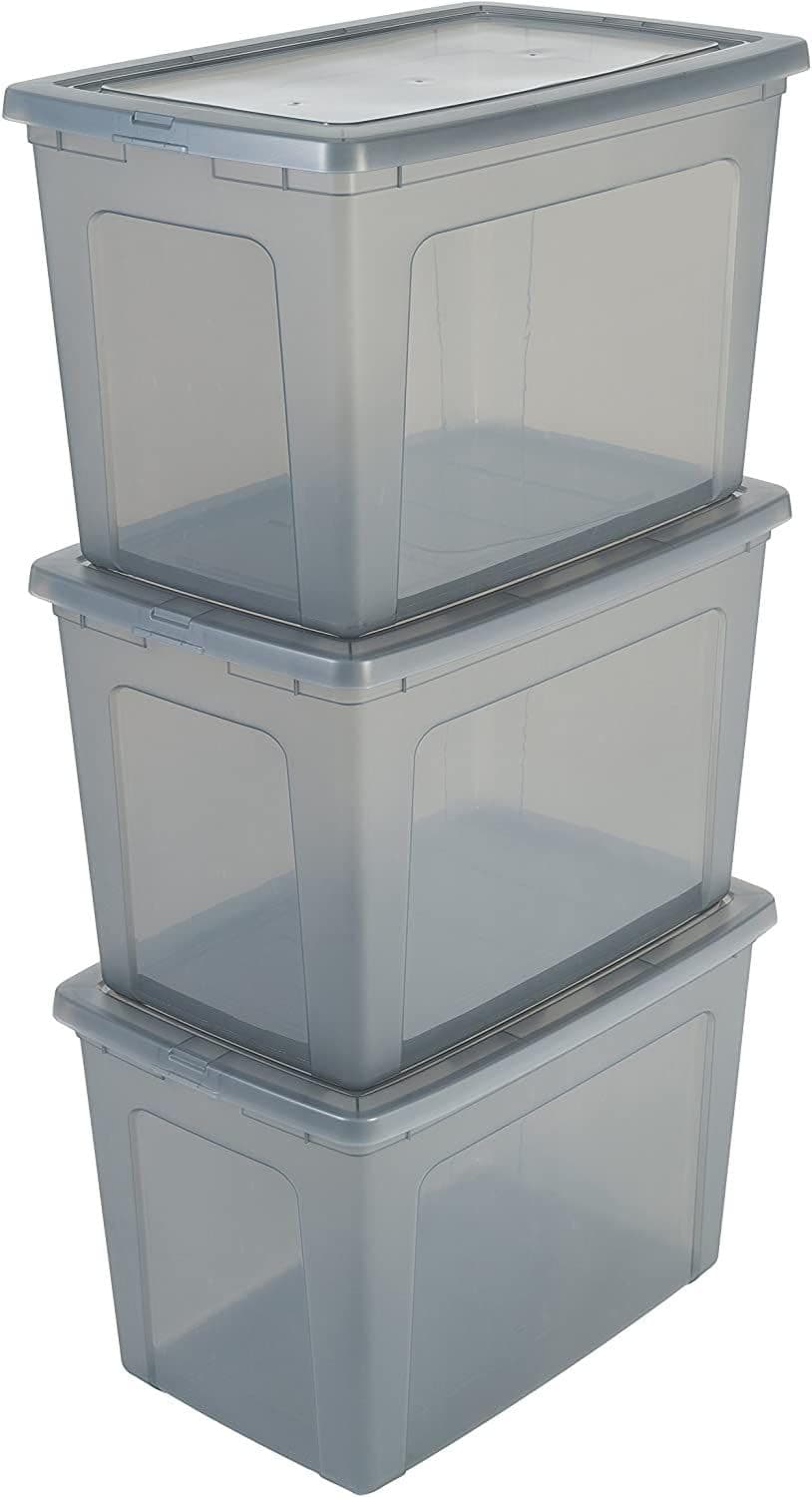 Iris Ohyama, Set of 3 storage boxes with lid - Modular Clear Box - MCB-70, plastic, Grey, 70 L, L59.5 x W39.5 x H38.5 cm