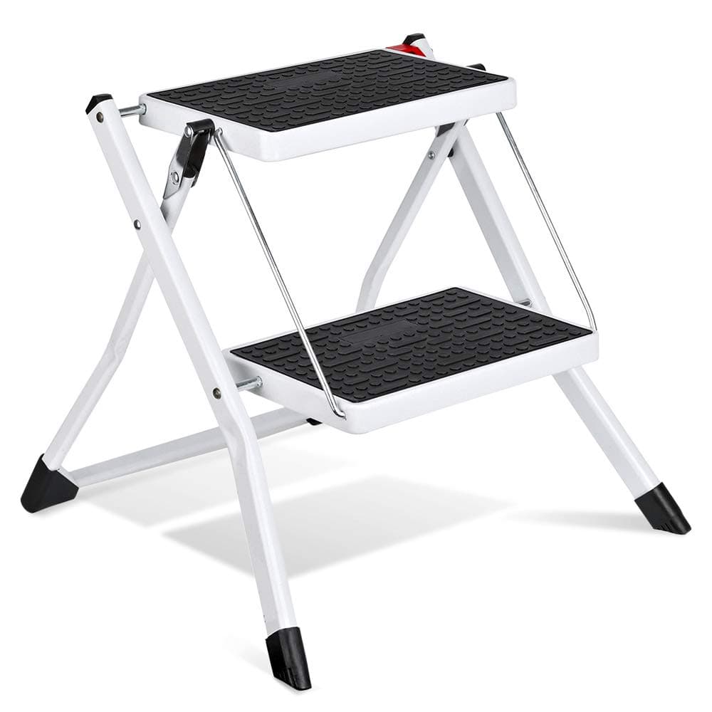 Lightweight White Folding Ladder Stool with Non-Slip Handle, Heavy Duty and Wide Steel Pedal, 250lbs Mini Stool 2ft #49 (WK2031D)