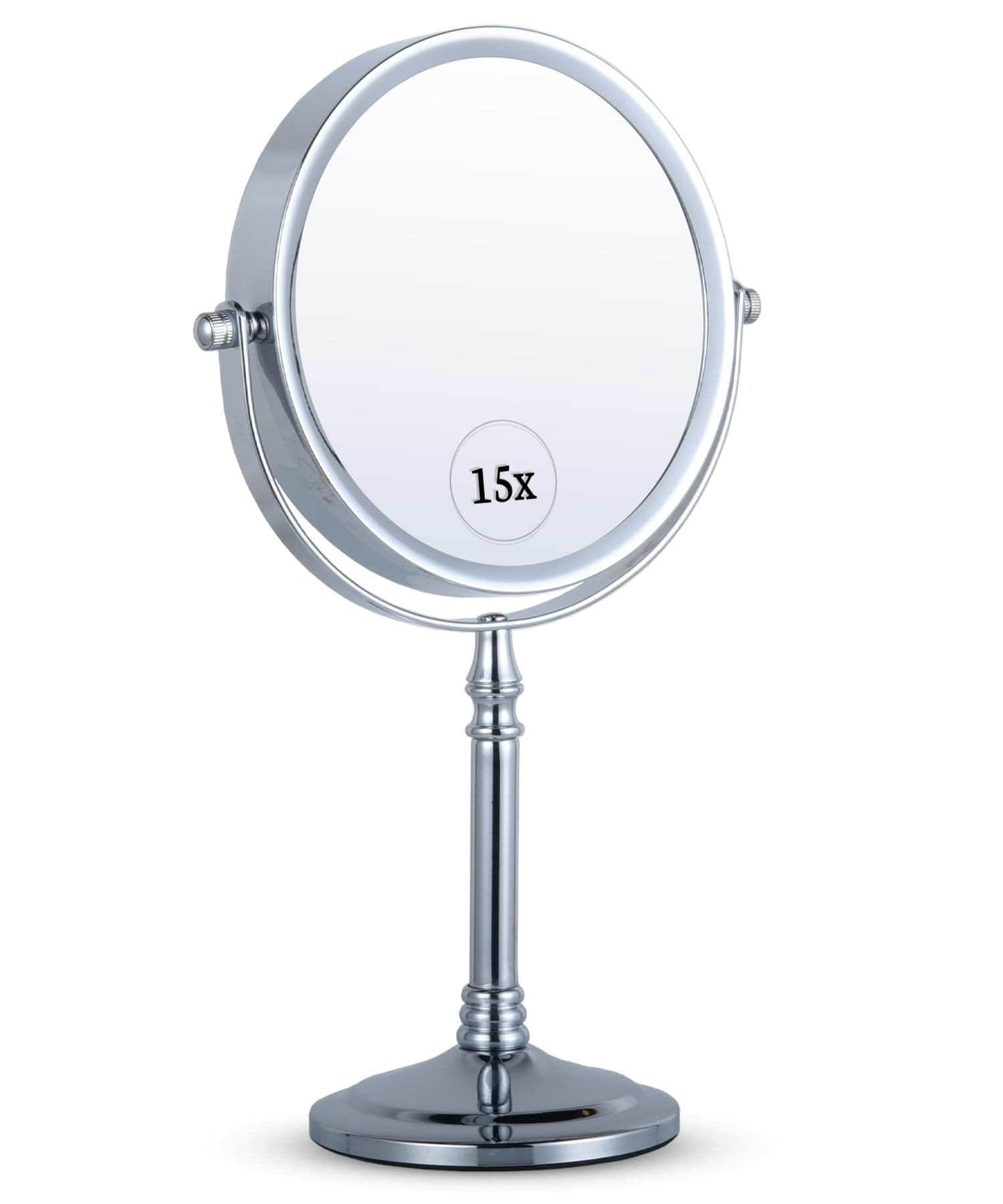 MIRRORVANA 15X Magnifying Dressing Table Mirror for Makeup - Double Sided 15X/1X, Free Standing Mirror for Vanity and Bathroom - 15cm Wide & 30cm Tall (Chrome)