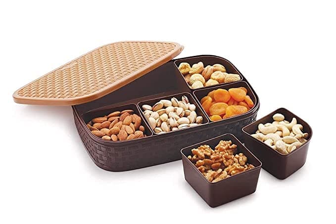 miRim Plastic Dry Fruit Box With 6 Partition With Lid- 1000 Ml, Brown