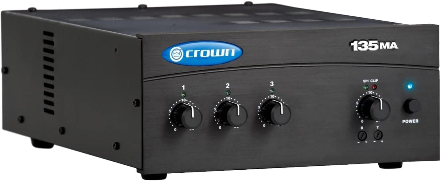 Crown 135MA 3 Input, 3 Channel, 35 Watt Powered Mixer/Amplifier for Paging, Background Music, Music-on-Hold, Installed Sound 8-Ohm and Constant Voltage Outputs 70V, Black