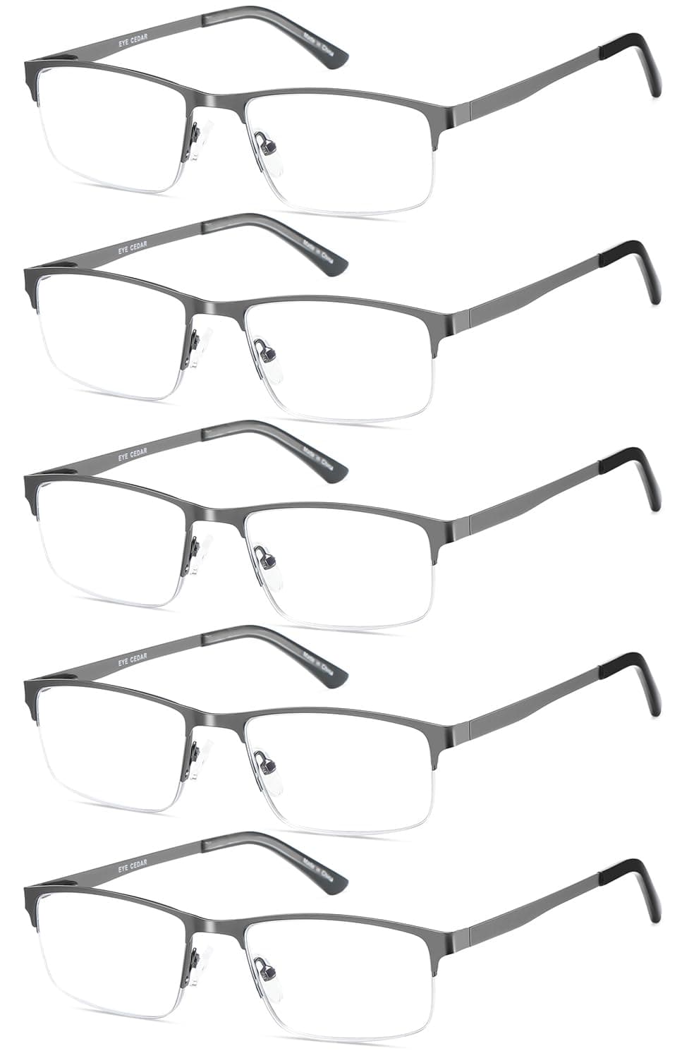 EYECEDAR 5 Pack Reading Glasses Men Blue Light Blocking Eyeglasses Gunmetal Gray Metal Half Frame Spring Hinges Readers for Men and Women 2.0