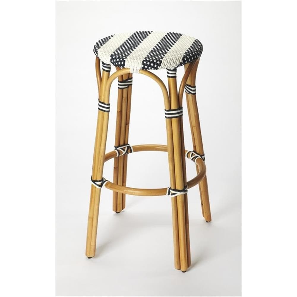 BOWERY HILL Transitional Blue Round Rattan 30" Bar Stool - White & Navy Stripe
