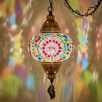 DEMMEXPlug-in Turkish Moroccan Mosaic Hanging Pendant Ceiling Light – Swag Lamp Fixture with 15ft Cord & Chain, Handcrafted Glass, Vintage Tiffany Style, Mediterranean Exotic Decor, Multicolored